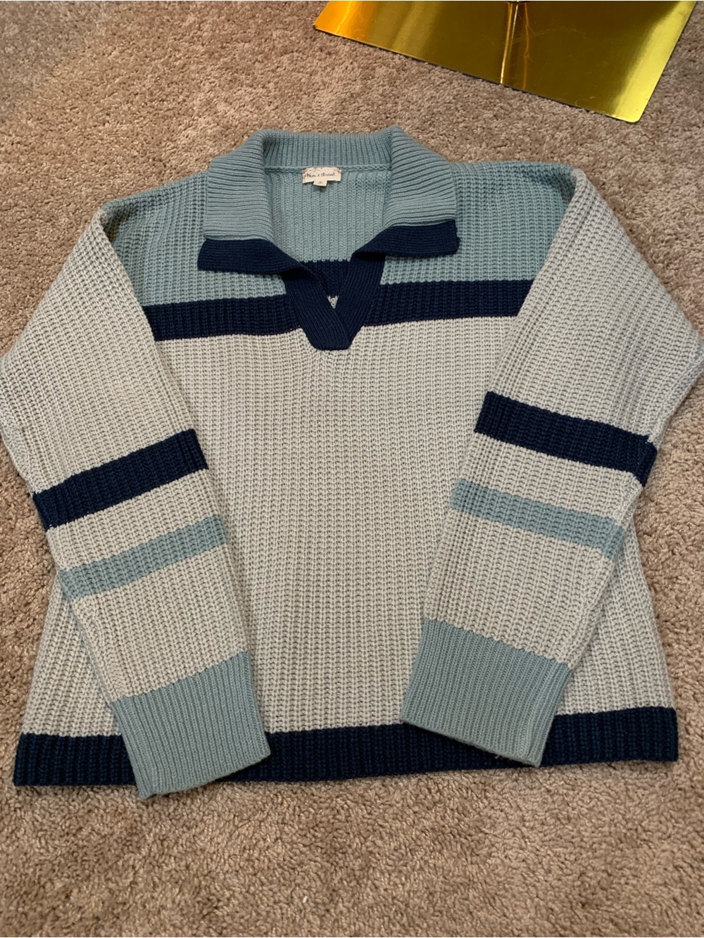 Hem & Thread Light Blue and Navy Striped V-Neck Knit Sweater